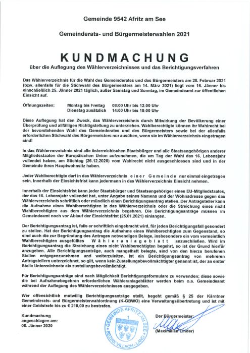 Gemeinderats- und Bügermeisterwahl 2021: Wählerverzeichnis und Berichtigungsverfahren